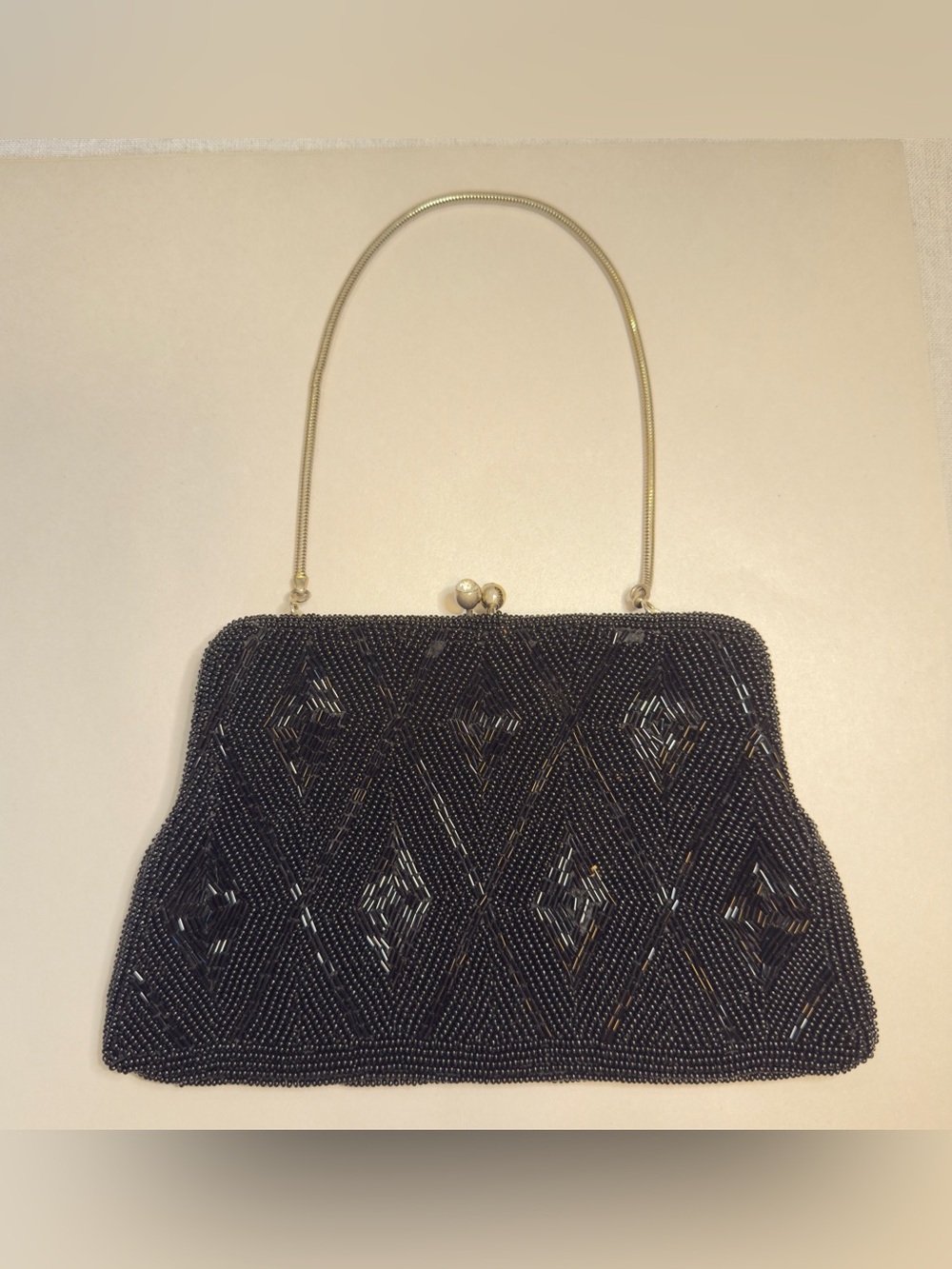 Vintage Classic Black Beaded Evening Bag Made in Japan with Italian Beads